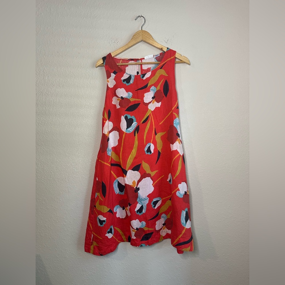 Sigrid Olsen 100% Linen Boho Floral Coastal Sleeveless Dress Size Medium